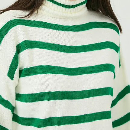 Women's Candy Stripe Contrast Turtleneck Side Slit Knit Pullover Sweater