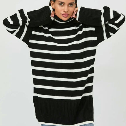 Women's Candy Stripe Contrast Turtleneck Side Slit Knit Pullover Sweater