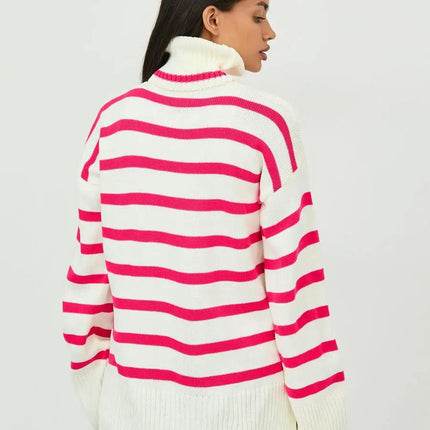 Women's Candy Stripe Contrast Turtleneck Side Slit Knit Pullover Sweater