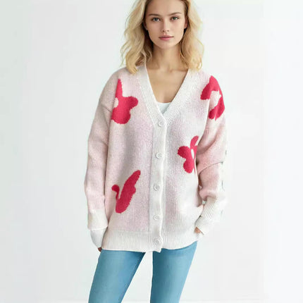 Women's Flower Print Cardigan Loose V-neck Long Sleeve Knitted Sweater