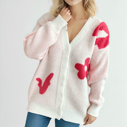 Women's Flower Print Cardigan Loose V-neck Long Sleeve Knitted Sweater