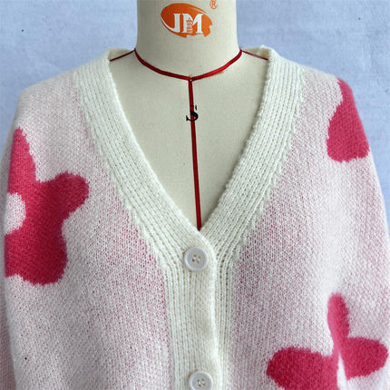 Women's Flower Print Cardigan Loose V-neck Long Sleeve Knitted Sweater