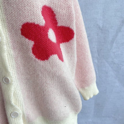 Women's Flower Print Cardigan Loose V-neck Long Sleeve Knitted Sweater