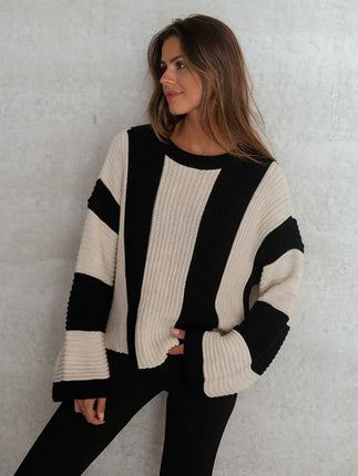 Women's Contrast Striped Sweater Autumn and Winter Casual Loose Pullover Sweater