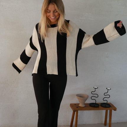 Women's Contrast Striped Sweater Autumn and Winter Casual Loose Pullover Sweater