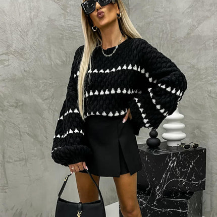 Women's Vintage Knitted Heart Striped Sweater Round Neck Lantern Sleeve Top