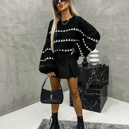 Women's Vintage Knitted Heart Striped Sweater Round Neck Lantern Sleeve Top