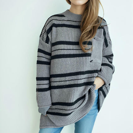Women's Retro Striped Pullover Sweater Fashion Pocket Knitted Sweater Top