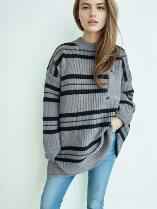 Women's Retro Striped Pullover Sweater Fashion Pocket Knitted Sweater Top