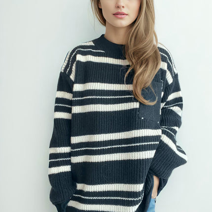 Women's Retro Striped Pullover Sweater Fashion Pocket Knitted Sweater Top