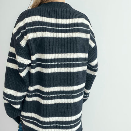 Women's Retro Striped Pullover Sweater Fashion Pocket Knitted Sweater Top