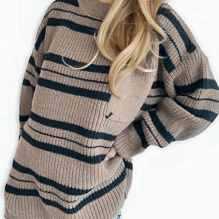 Women's Retro Striped Pullover Sweater Fashion Pocket Knitted Sweater Top