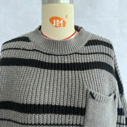 Women's Retro Striped Pullover Sweater Fashion Pocket Knitted Sweater Top