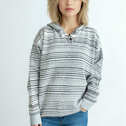 Women's Striped Contrast Duffle Hooded Sweater - Loose Long Sleeve Knit Pullover