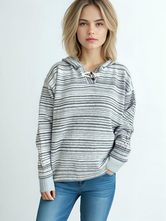 Women's Striped Contrast Duffle Hooded Sweater - Loose Long Sleeve Knit Pullover