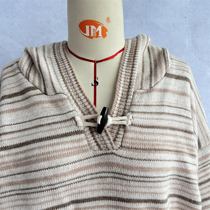 Women's Striped Contrast Duffle Hooded Sweater - Loose Long Sleeve Knit Pullover