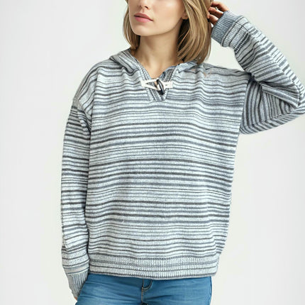 Women's Striped Contrast Duffle Hooded Sweater - Loose Long Sleeve Knit Pullover