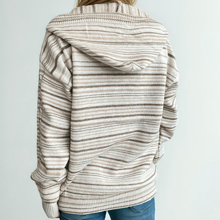 Women's Striped Contrast Duffle Hooded Sweater - Loose Long Sleeve Knit Pullover