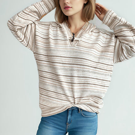 Women's Striped Contrast Duffle Hooded Sweater - Loose Long Sleeve Knit Pullover