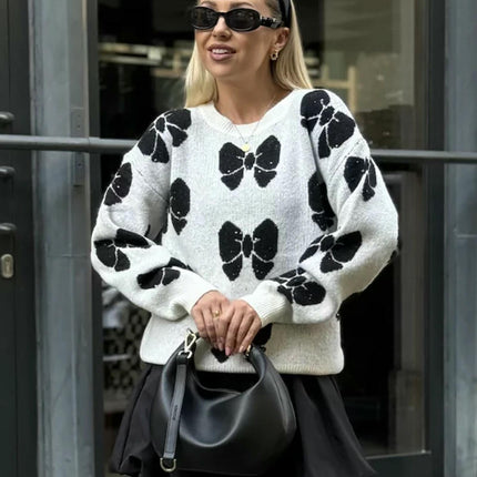 Women's Large Size Loose Bow Printed Sweater Pullover Long Sleeve Knit Cardigan