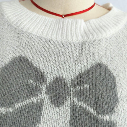 Women's Large Size Loose Bow Printed Sweater Pullover Long Sleeve Knit Cardigan
