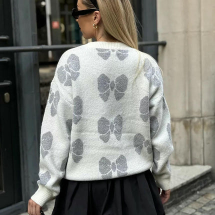 Women's Large Size Loose Bow Printed Sweater Pullover Long Sleeve Knit Cardigan