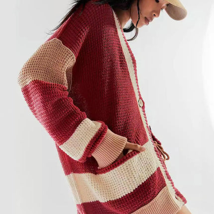 Women's Long Sleeve Knitted Jacket V-Neck Pocket Colorblock Cardigan Sweater