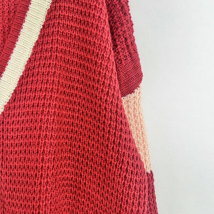 Women's Long Sleeve Knitted Jacket V-Neck Pocket Colorblock Cardigan Sweater