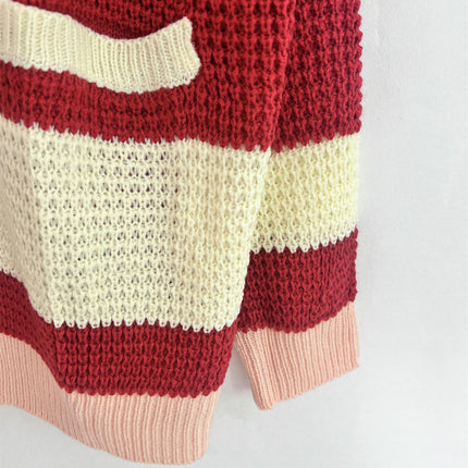 Women's Long Sleeve Knitted Jacket V-Neck Pocket Colorblock Cardigan Sweater