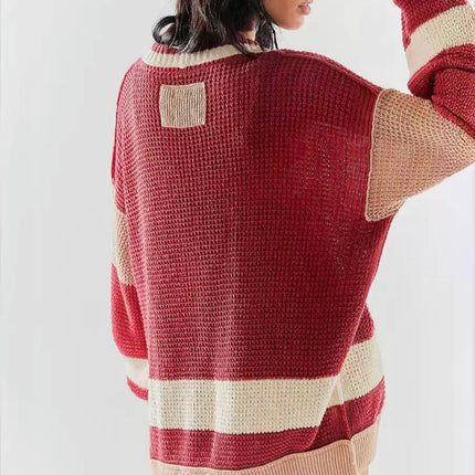 Women's Long Sleeve Knitted Jacket V-Neck Pocket Colorblock Cardigan Sweater