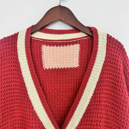 Women's Long Sleeve Knitted Jacket V-Neck Pocket Colorblock Cardigan Sweater
