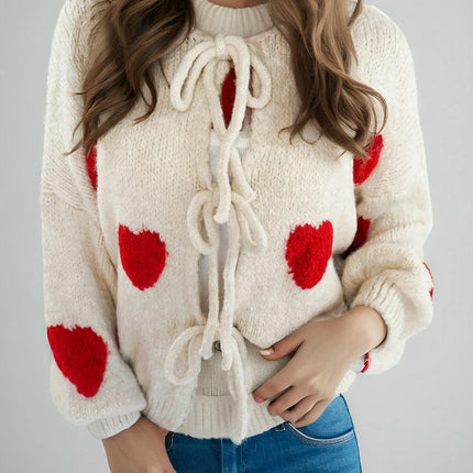 Women's Tie Front Cardigan Sweater Long Sleeve Crew Neck Bow Knot Knit Outwear