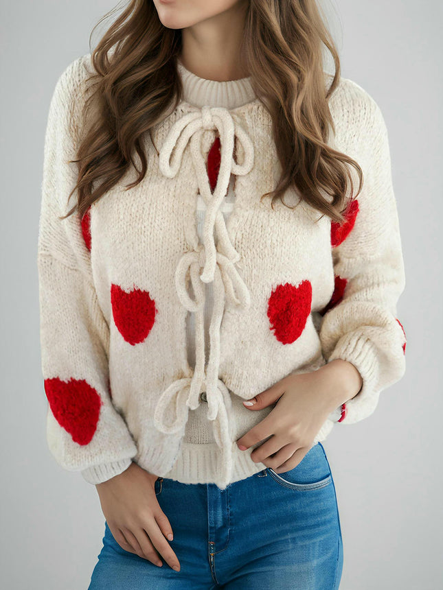 Women's Tie Front Cardigan Sweater Long Sleeve Crew Neck Bow Knot Knit Outwear