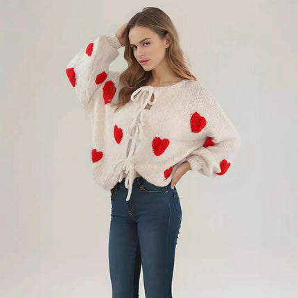 Women's Tie Front Cardigan Sweater Long Sleeve Crew Neck Bow Knot Knit Outwear
