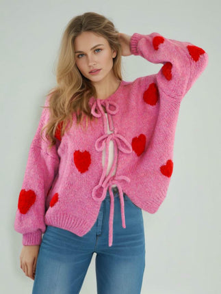 Women's Tie Front Cardigan Sweater Long Sleeve Crew Neck Bow Knot Knit Outwear