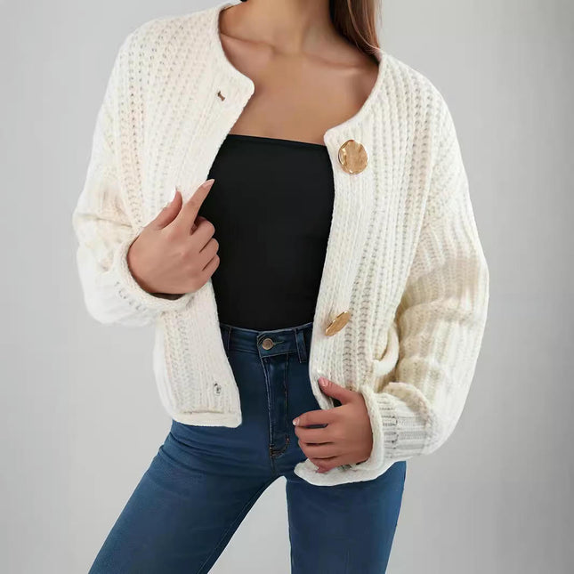 Women's Large Copper Button Solid Color Cardigan Long Sleeve Knit Pocket Jacket