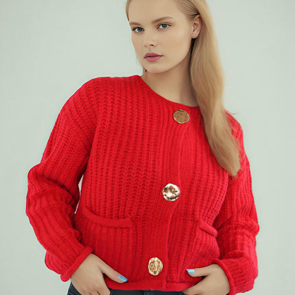Women's Large Copper Button Solid Color Cardigan Long Sleeve Knit Pocket Jacket