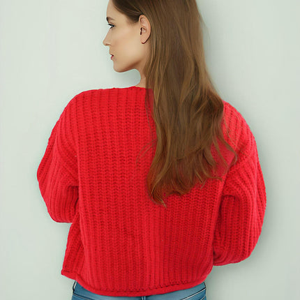 Women's Large Copper Button Solid Color Cardigan Long Sleeve Knit Pocket Jacket