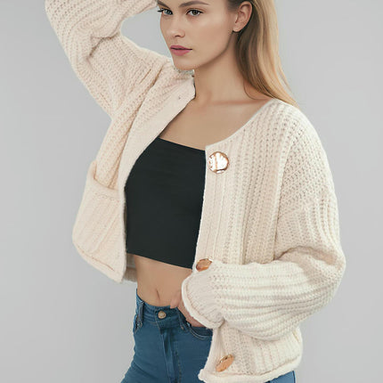 Women's Large Copper Button Solid Color Cardigan Long Sleeve Knit Pocket Jacket