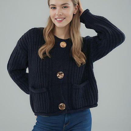 Women's Large Copper Button Solid Color Cardigan Long Sleeve Knit Pocket Jacket