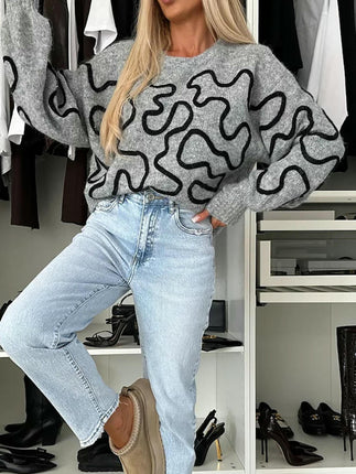 Women's Round Neck Contrast Color Sweater Loose Long Sleeve Pullover Knitted Top