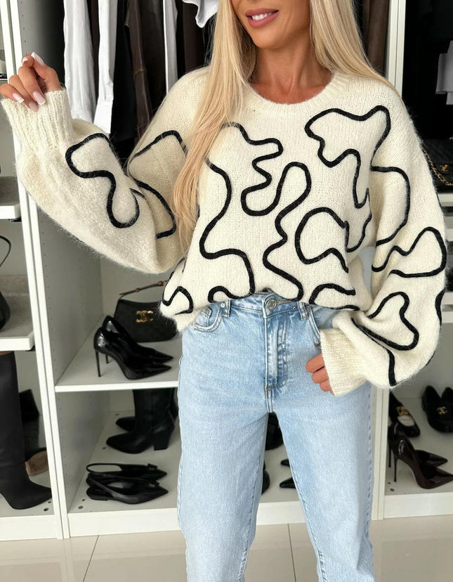 Women's Round Neck Contrast Color Sweater Loose Long Sleeve Pullover Knitted Top