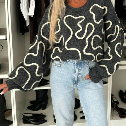 Women's Round Neck Contrast Color Sweater Loose Long Sleeve Pullover Knitted Top