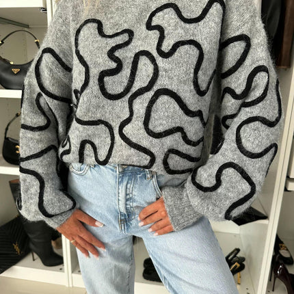 Women's Round Neck Contrast Color Sweater Loose Long Sleeve Pullover Knitted Top