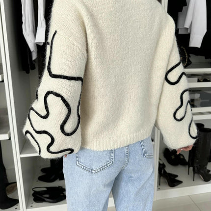 Women's Round Neck Contrast Color Sweater Loose Long Sleeve Pullover Knitted Top