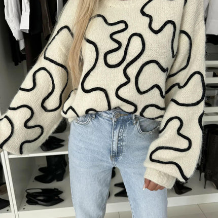 Women's Round Neck Contrast Color Sweater Loose Long Sleeve Pullover Knitted Top