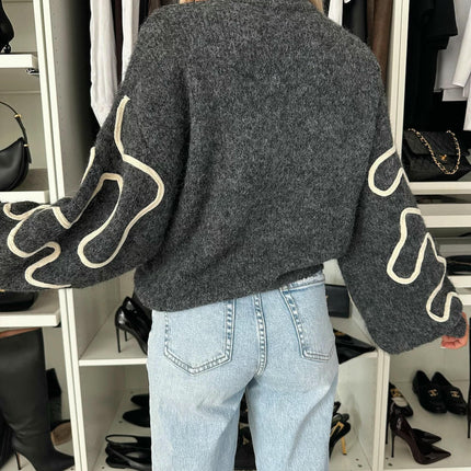 Women's Round Neck Contrast Color Sweater Loose Long Sleeve Pullover Knitted Top