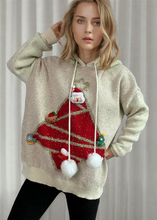 Christmas Tree Hooded Sweater Women's Winter Loose Bright Silk Knitted Jacket