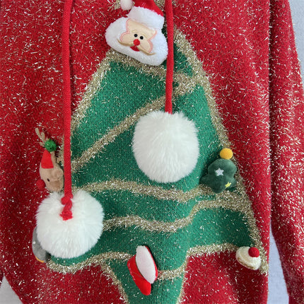 Christmas Tree Hooded Sweater Women's Winter Loose Bright Silk Knitted Jacket