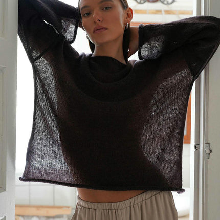 Hollow Knit Sweater Transparent Trumpet Long Sleeve Knitted Sweater T-shirt Women